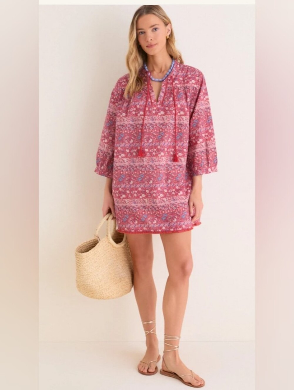 Tuckernuck Beach Americana Batik Stripe Bondi Coverup Dress Red Pink NWOT